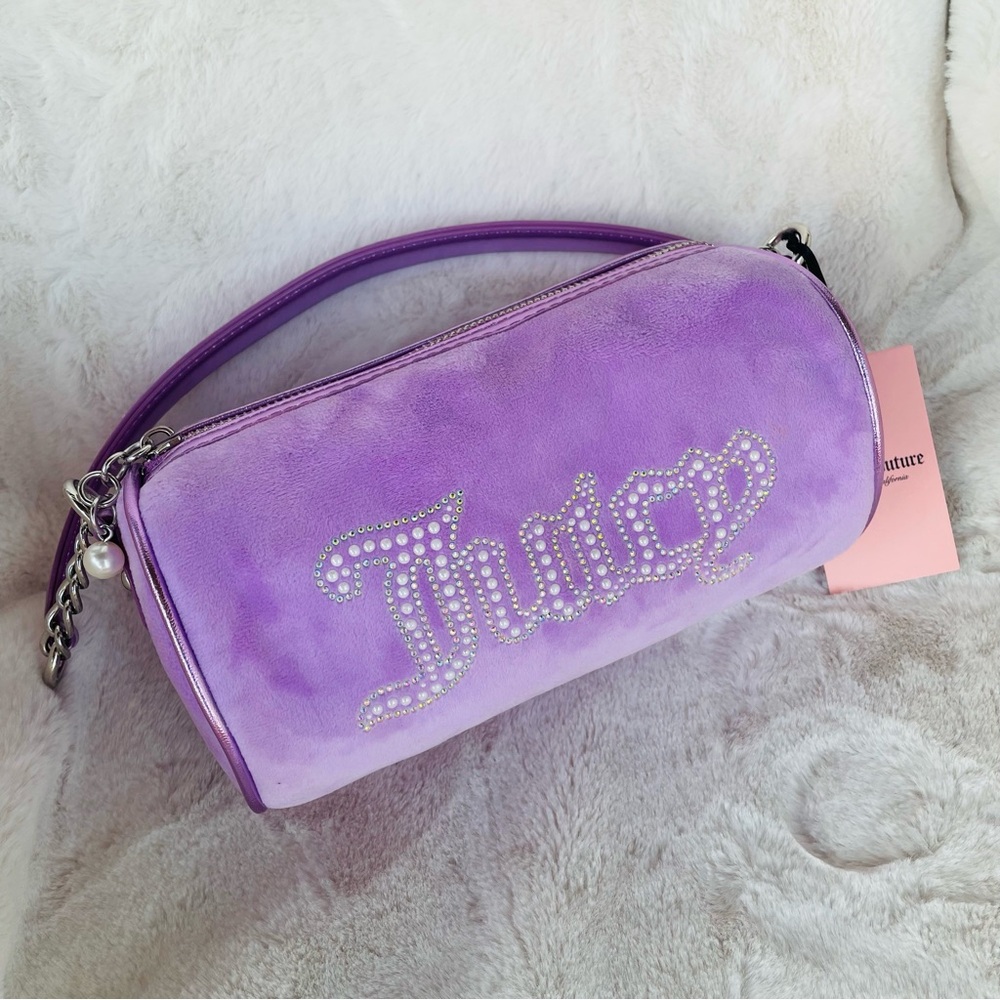 Juicy Couture Purple Velvet Rhinestone String of Pearls Roll Barrel Bag